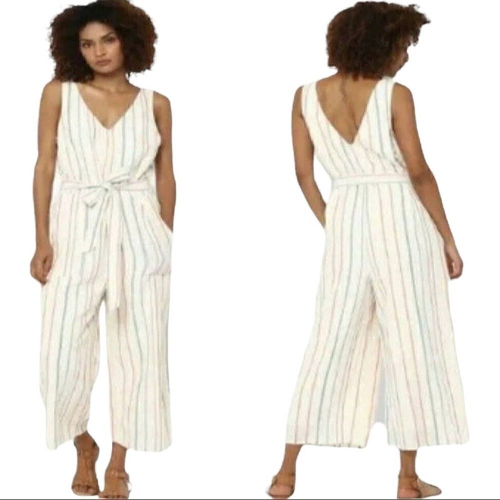 American Eagle Outfitters White Jumpsuit with Thin Multi-Color Stripes